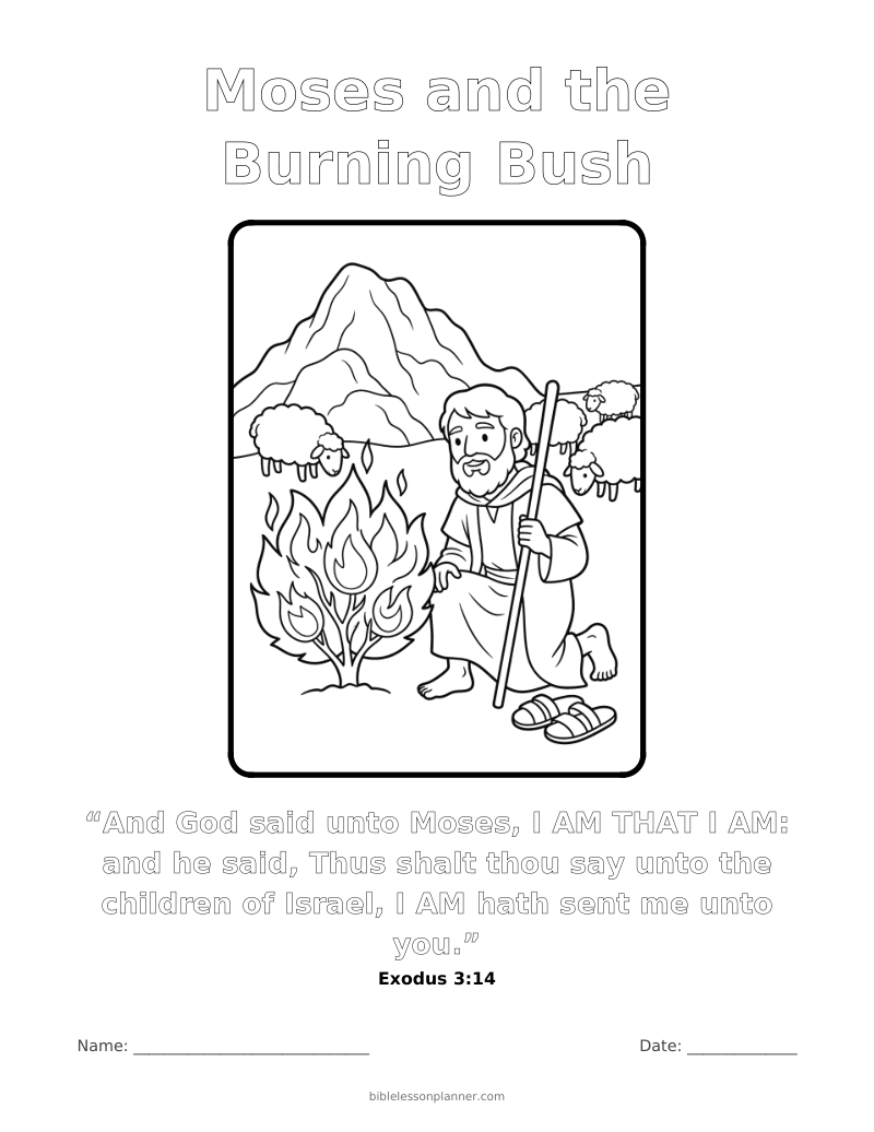 Moses and the Burning Bush coloring page to print, with the memory verse Exodus 3:14