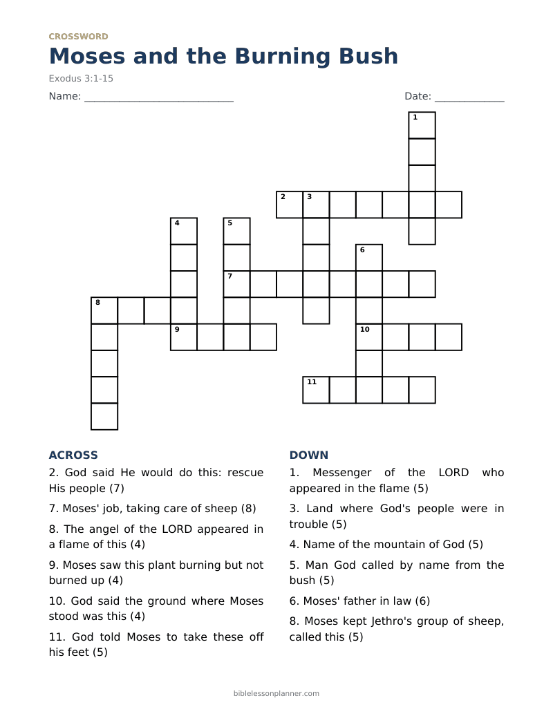 Moses and the Burning Bush Bible crossword puzzle to print, with across and down clues