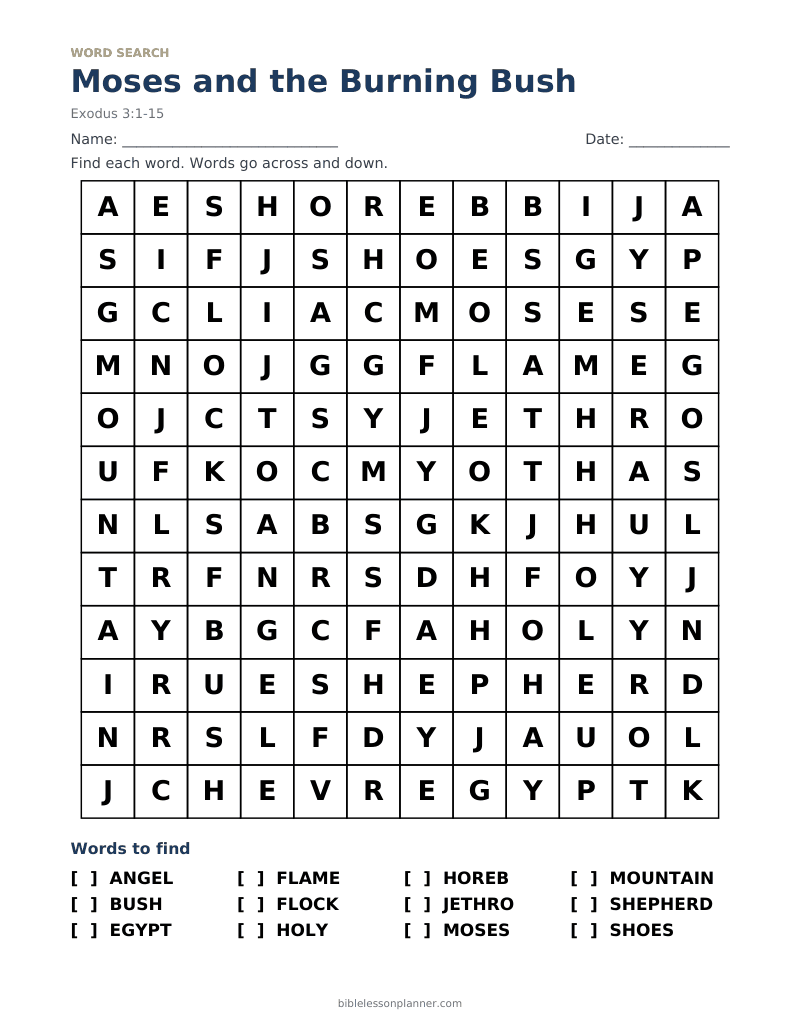 Moses and the Burning Bush Bible word search to print, with words like ANGEL, BUSH, EGYPT and more