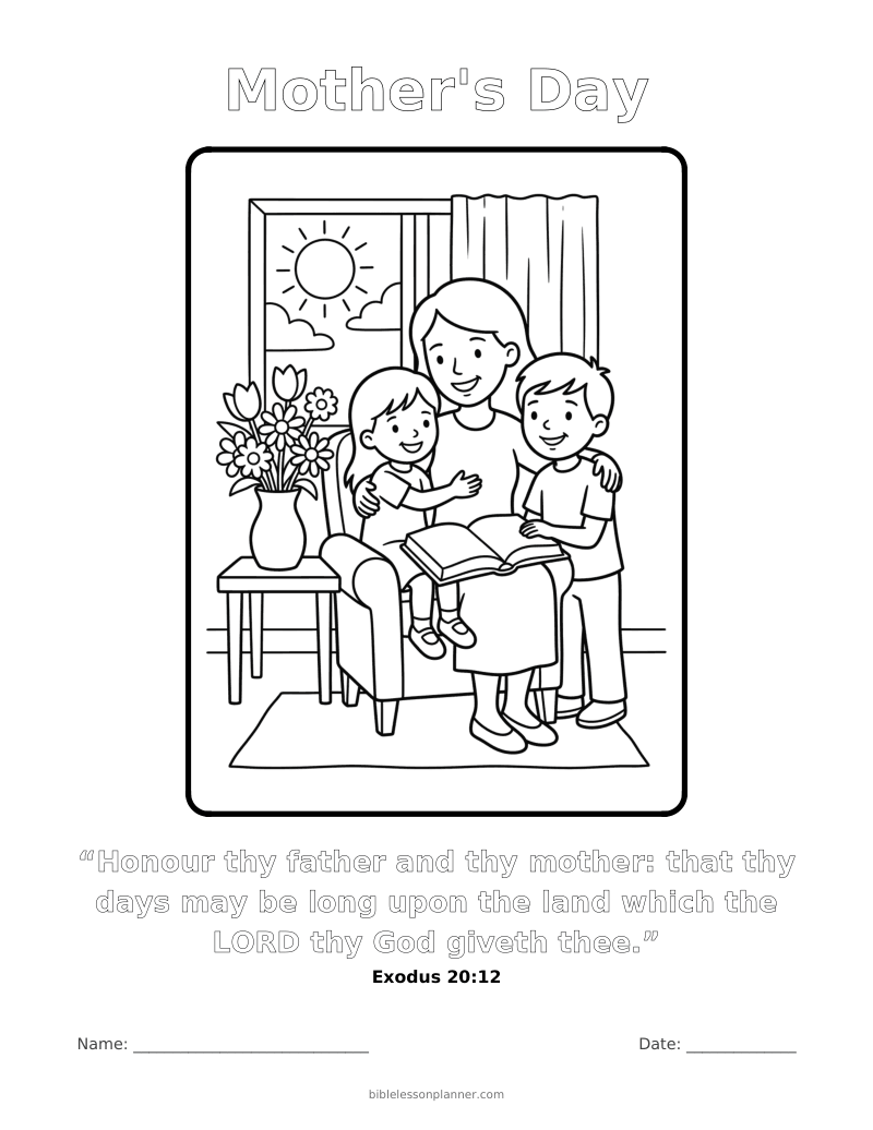 Mother's Day coloring page to print, with the memory verse Exodus 20:12