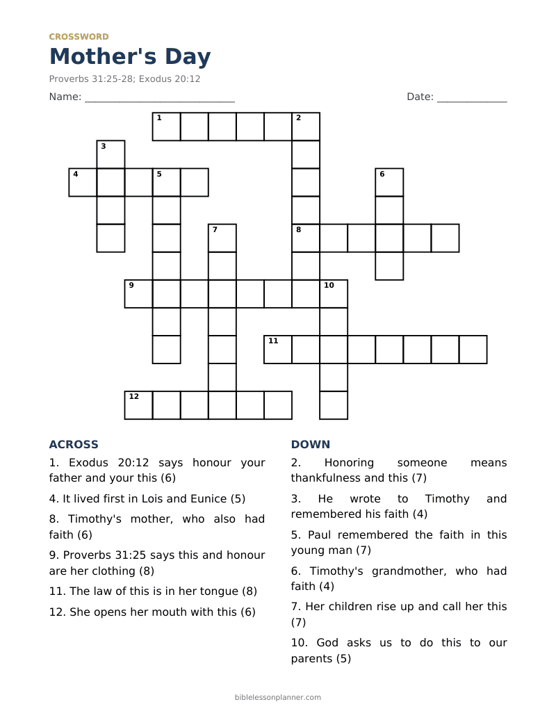 Mother's Day Bible crossword puzzle to print, with across and down clues