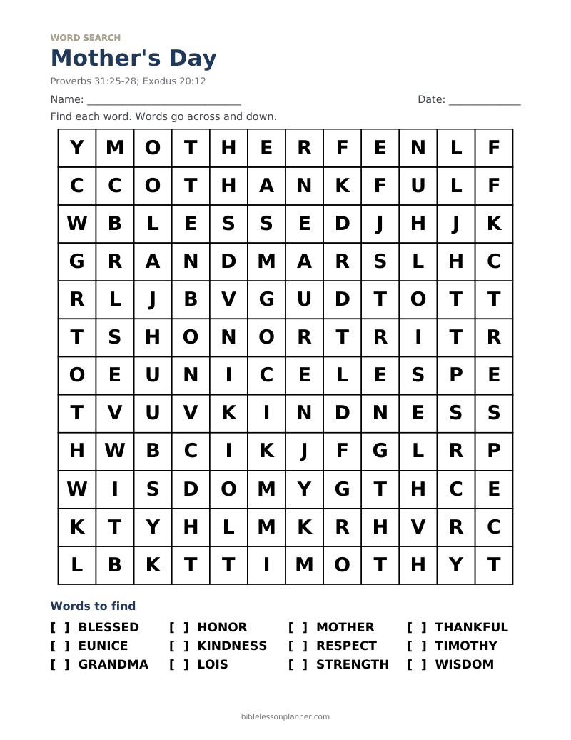 Mother's Day Bible word search to print, with words like BLESSED, EUNICE, GRANDMA and more