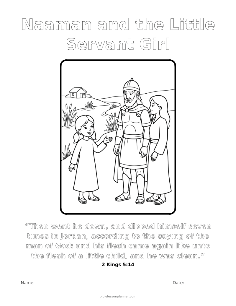 Naaman and the Little Servant Girl coloring page to print, with the memory verse 2 Kings 5:14