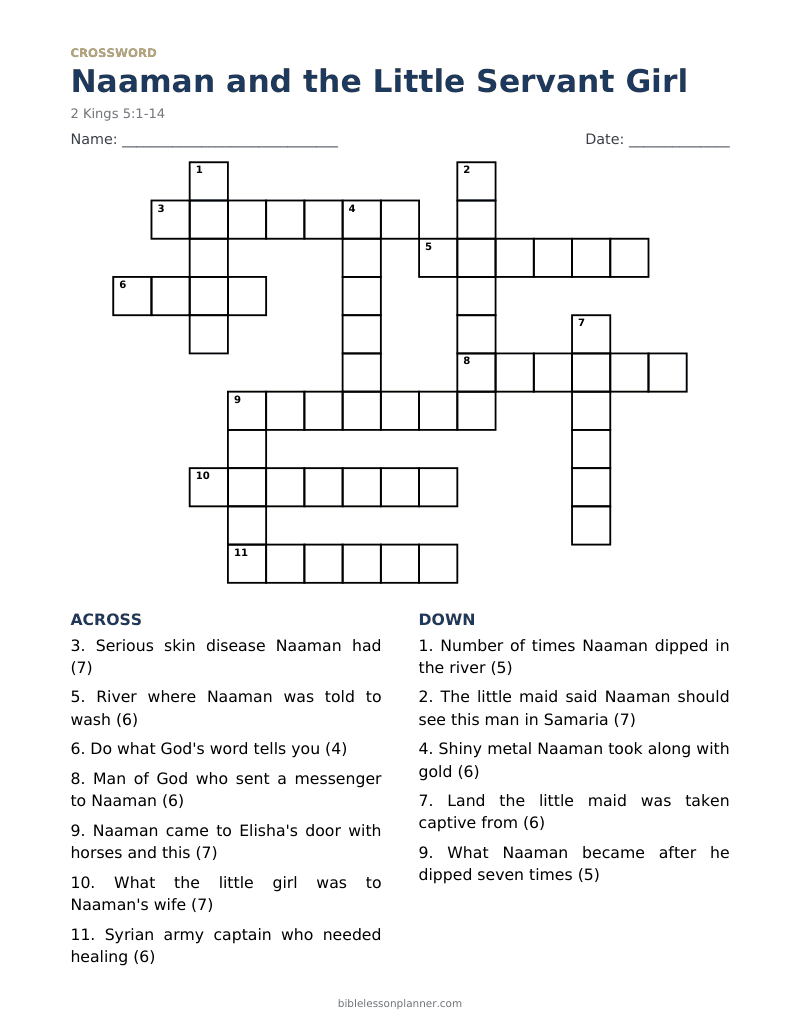 Naaman and the Little Servant Girl Bible crossword puzzle to print, with across and down clues