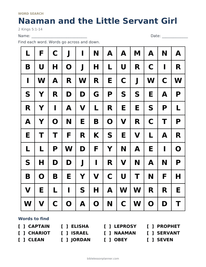 Naaman and the Little Servant Girl Bible word search to print, with words like CAPTAIN, CHARIOT, CLEAN and more