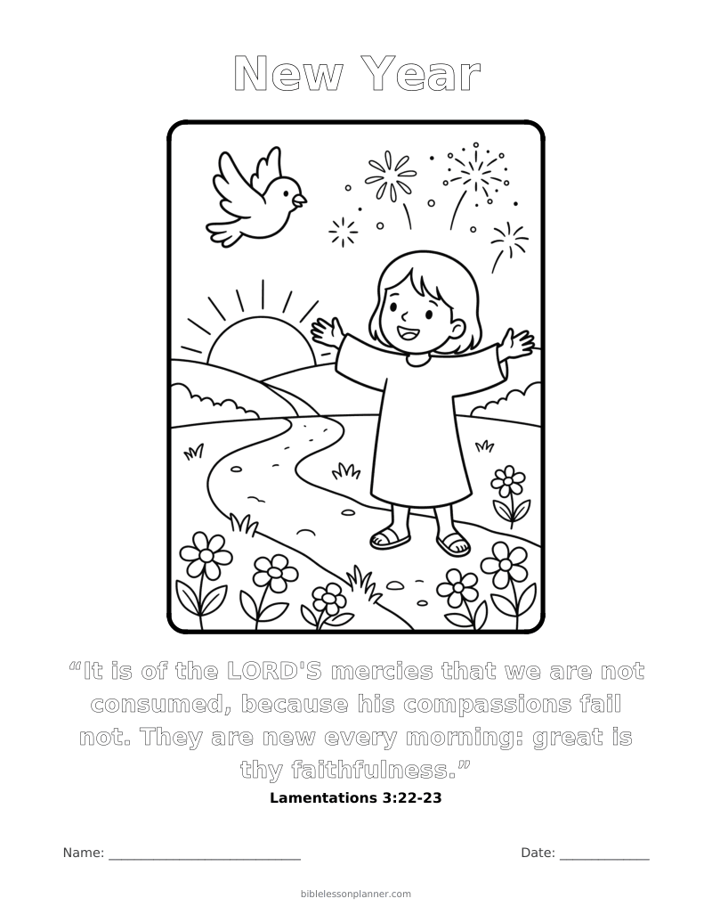 New Year coloring page to print, with the memory verse Lamentations 3:22-23