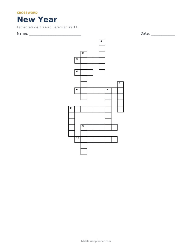 New Year Bible crossword puzzle to print, with across and down clues