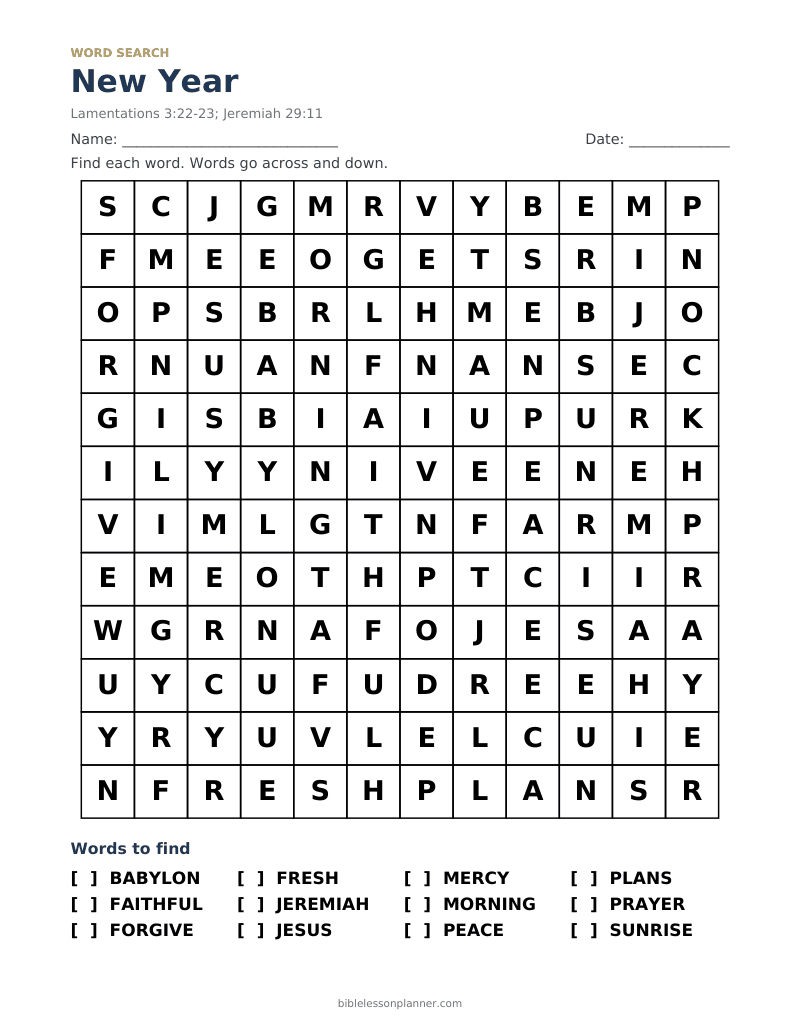 New Year Bible word search to print, with words like BABYLON, FAITHFUL, FORGIVE and more