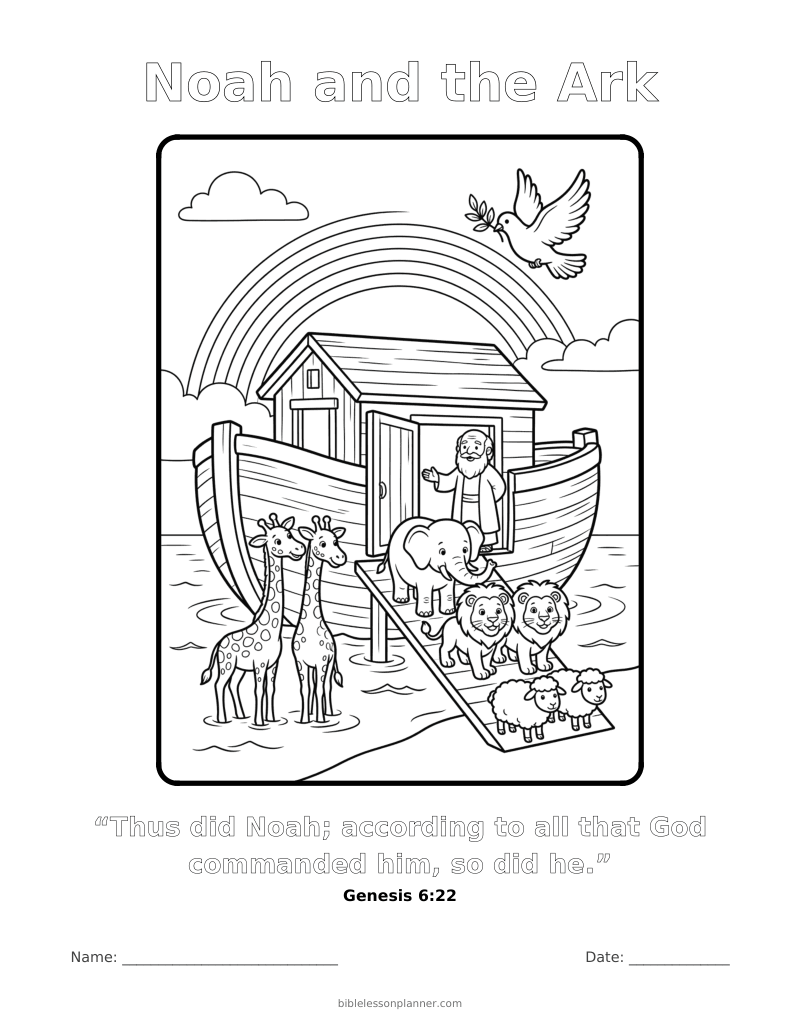 Noah and the Ark coloring page to print, with the memory verse Genesis 6:22