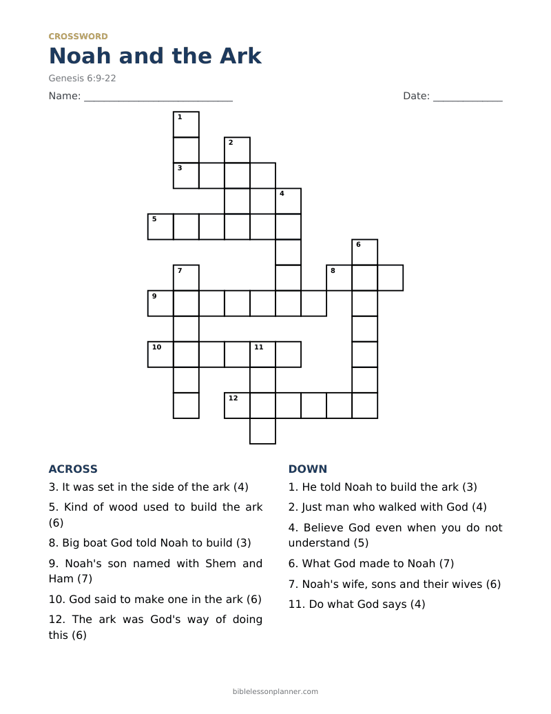 Noah and the Ark Bible crossword puzzle to print, with across and down clues