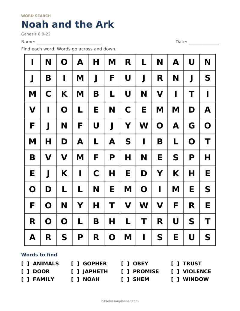 Noah and the Ark Bible word search to print, with words like ANIMALS, DOOR, FAMILY and more