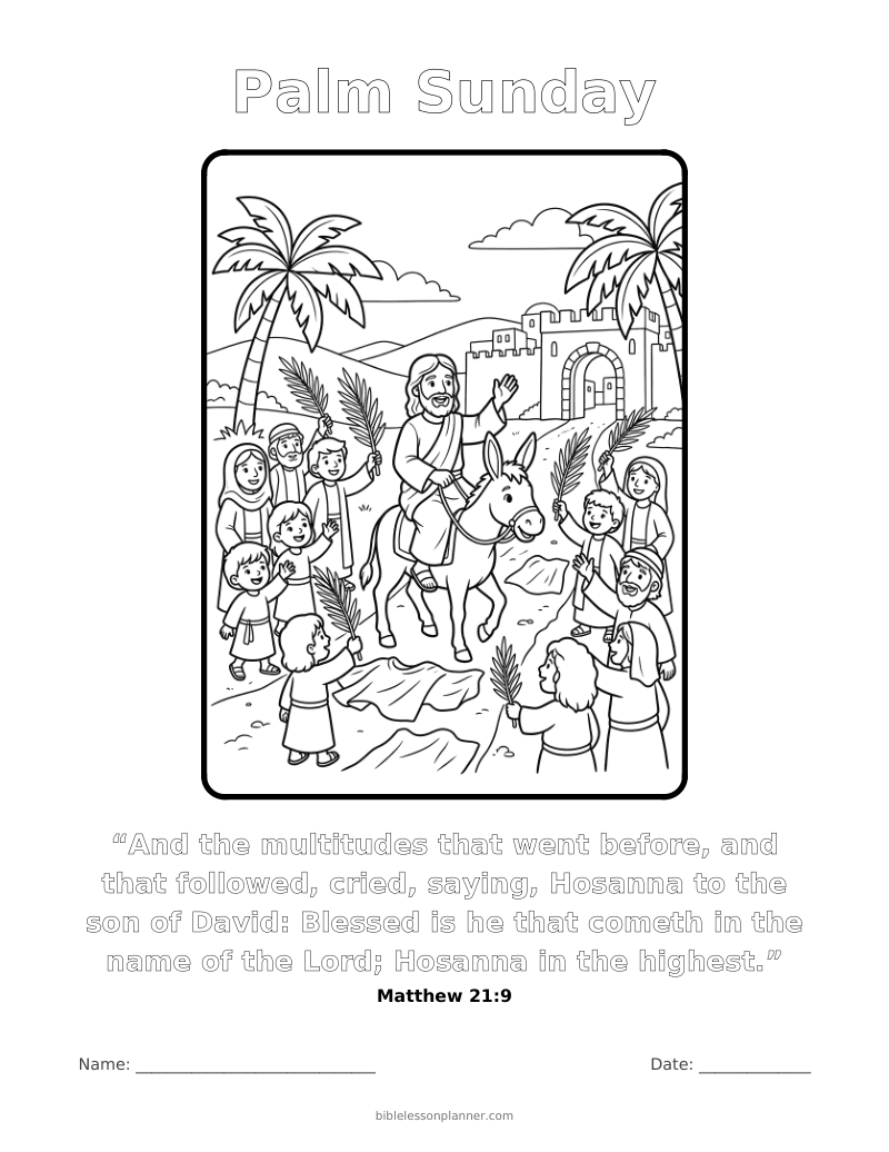 Palm Sunday coloring page to print, with the memory verse Matthew 21:9