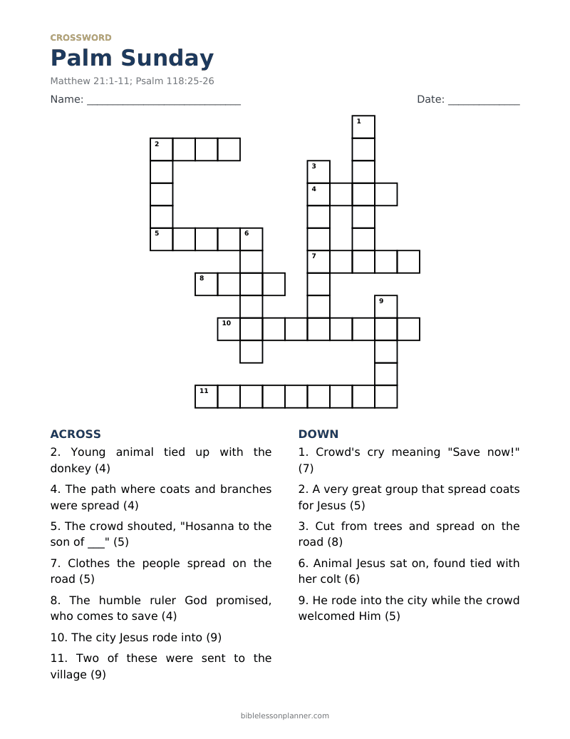 Palm Sunday Bible crossword puzzle to print, with across and down clues