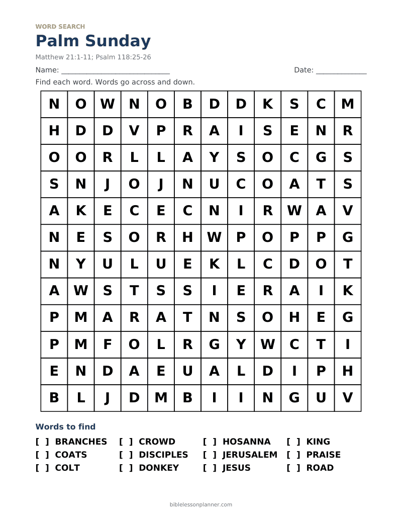 Palm Sunday Bible word search to print, with words like BRANCHES, COATS, COLT and more