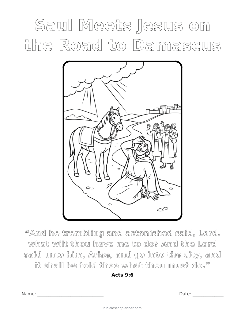 Saul Meets Jesus on the Road to Damascus coloring page to print, with the memory verse Acts 9:6