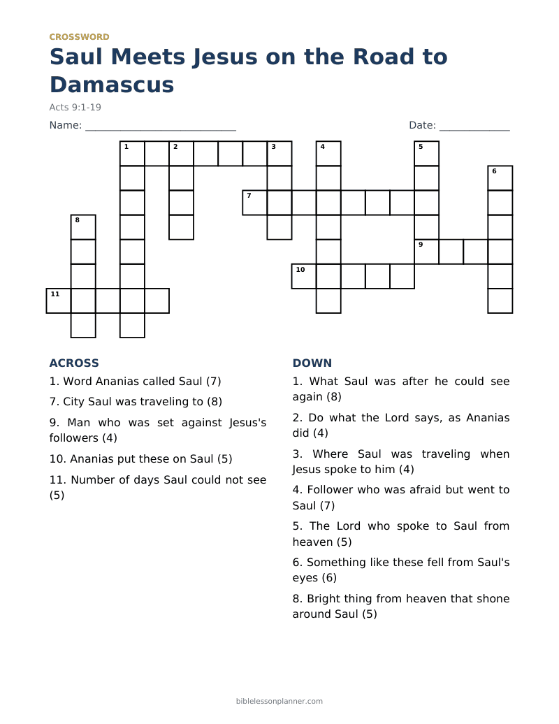 Saul Meets Jesus on the Road to Damascus Bible crossword puzzle to print, with across and down clues