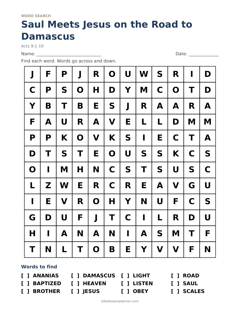 Saul Meets Jesus on the Road to Damascus Bible word search to print, with words like ANANIAS, BAPTIZED, BROTHER and more