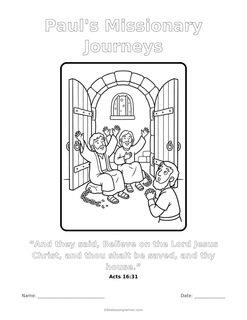 Paul's Missionary Journeys coloring page to print, with the memory verse Acts 16:31