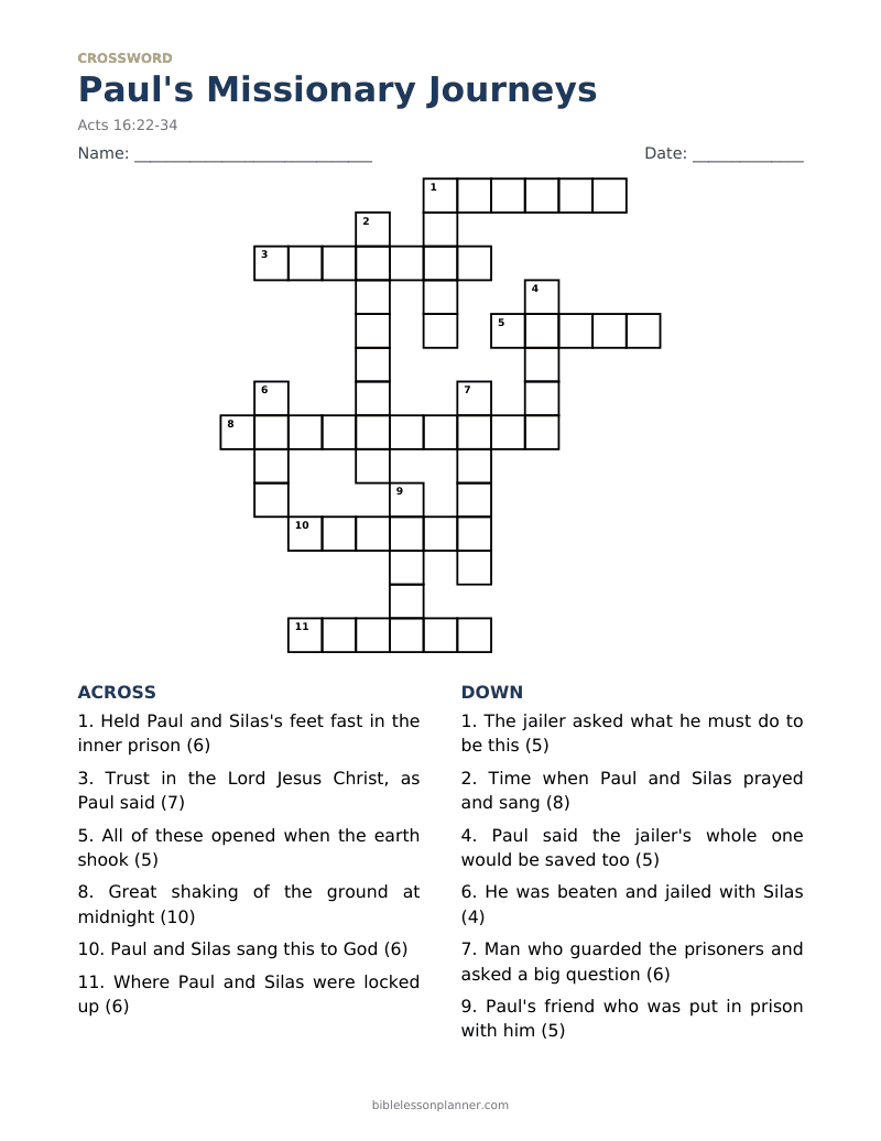 Paul's Missionary Journeys Bible crossword puzzle to print, with across and down clues