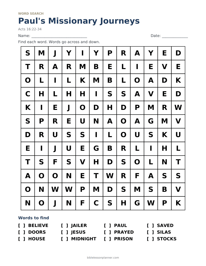 Paul's Missionary Journeys Bible word search to print, with words like BELIEVE, DOORS, HOUSE and more