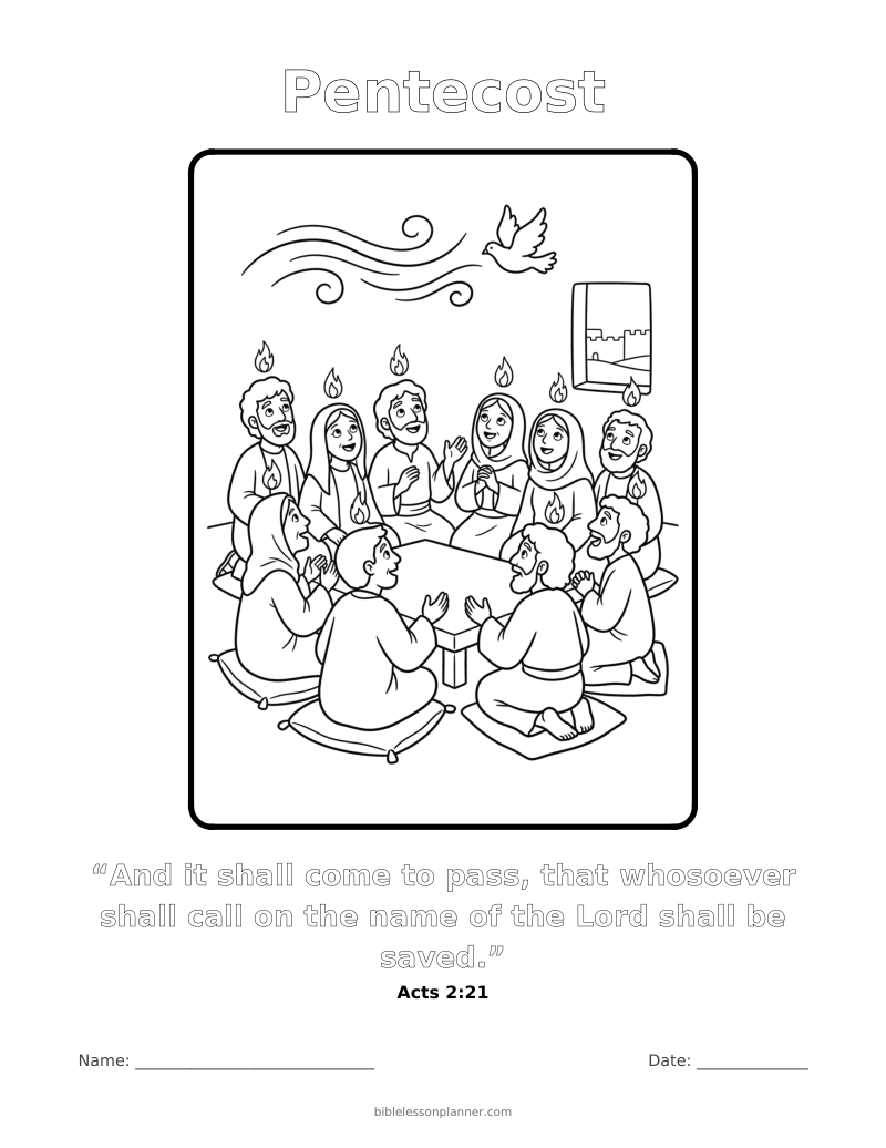 Pentecost coloring page to print, with the memory verse Acts 2:21