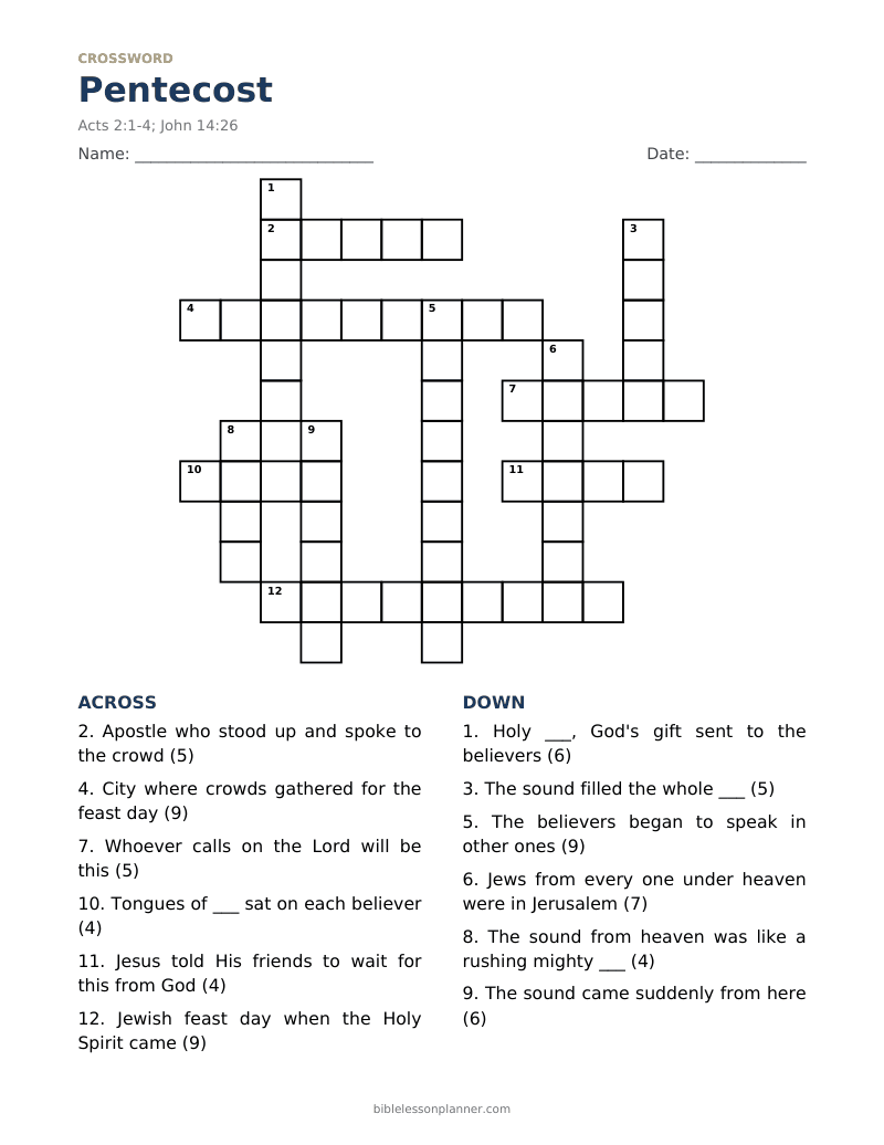 Pentecost Bible crossword puzzle to print, with across and down clues