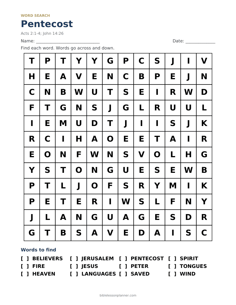 Pentecost Bible word search to print, with words like BELIEVERS, FIRE, HEAVEN and more