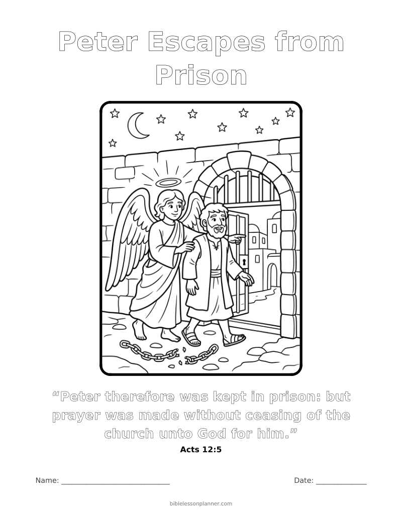 Peter Escapes from Prison coloring page to print, with the memory verse Acts 12:5