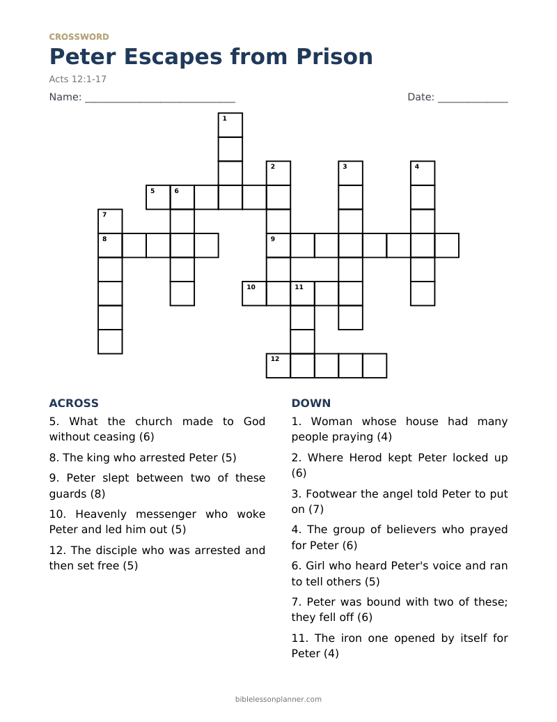 Peter Escapes from Prison Bible crossword puzzle to print, with across and down clues