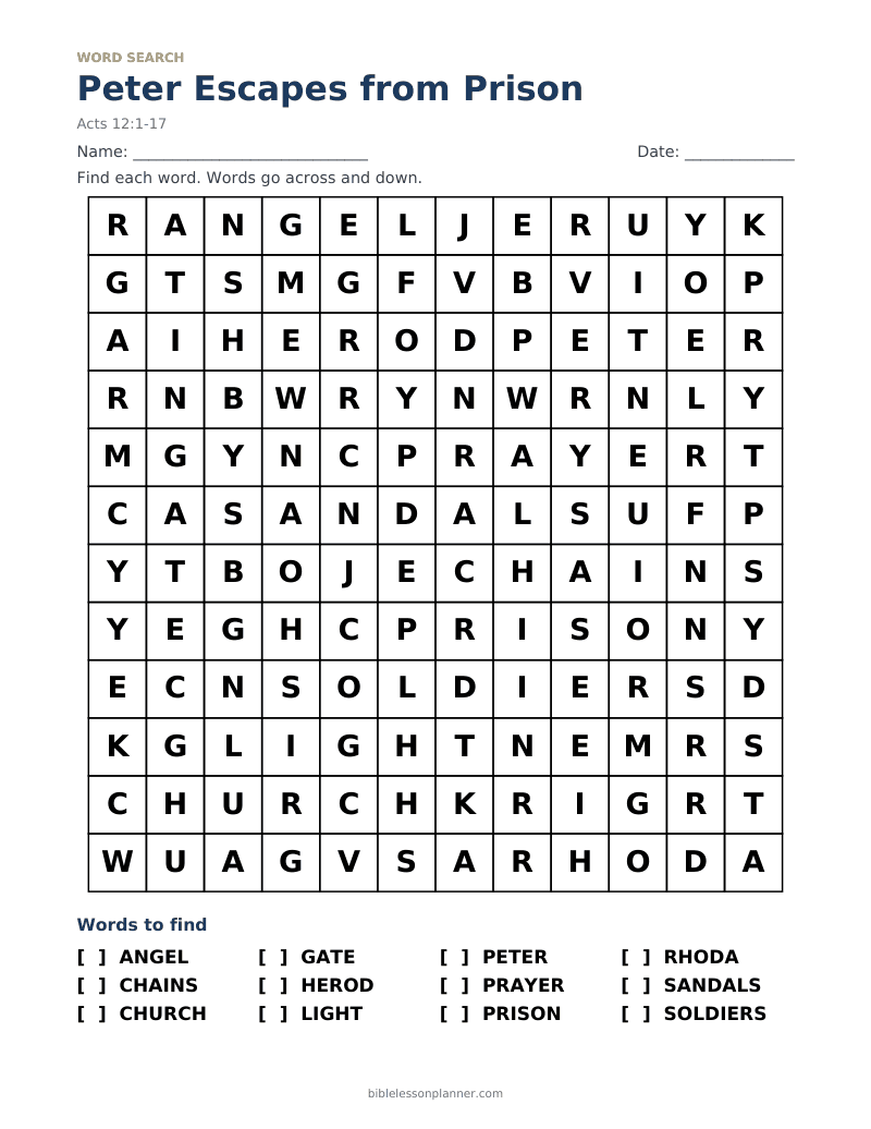 Peter Escapes from Prison Bible word search to print, with words like ANGEL, CHAINS, CHURCH and more