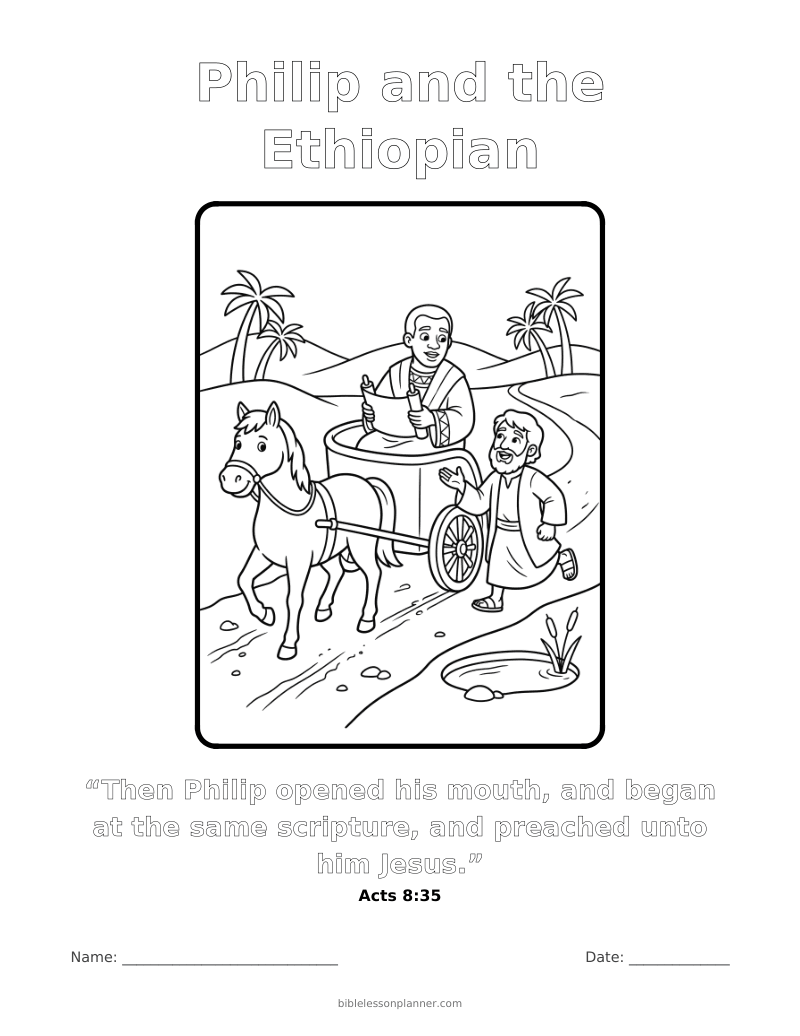 Philip and the Ethiopian coloring page to print, with the memory verse Acts 8:35