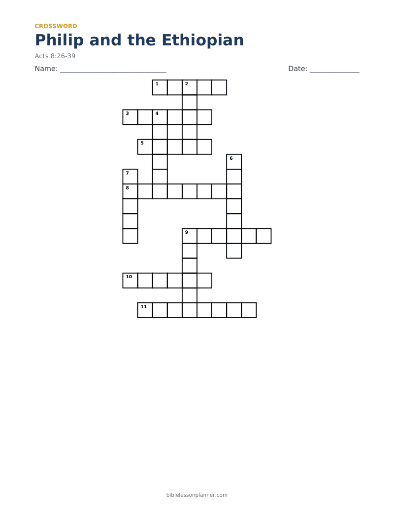 Philip and the Ethiopian Bible crossword puzzle to print, with across and down clues
