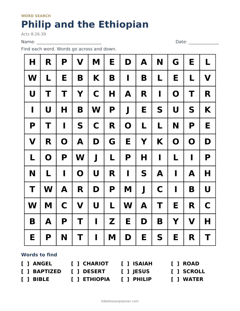 Philip and the Ethiopian Bible word search to print, with words like ANGEL, BAPTIZED, BIBLE and more