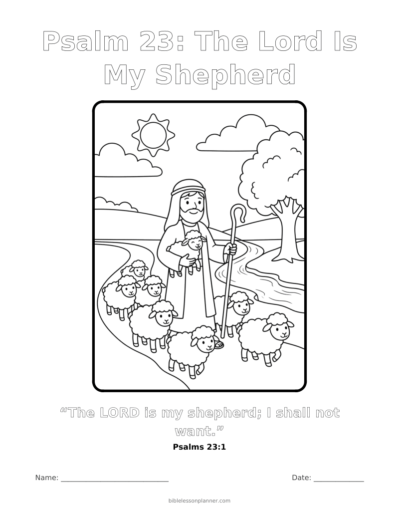 Psalm 23: The Lord Is My Shepherd coloring page to print, with the memory verse Psalms 23:1
