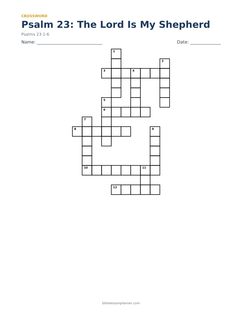 Psalm 23: The Lord Is My Shepherd Bible crossword puzzle to print, with across and down clues
