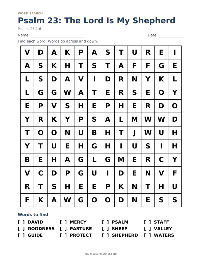 Psalm 23: The Lord Is My Shepherd Bible word search to print, with words like DAVID, GOODNESS, GUIDE and more
