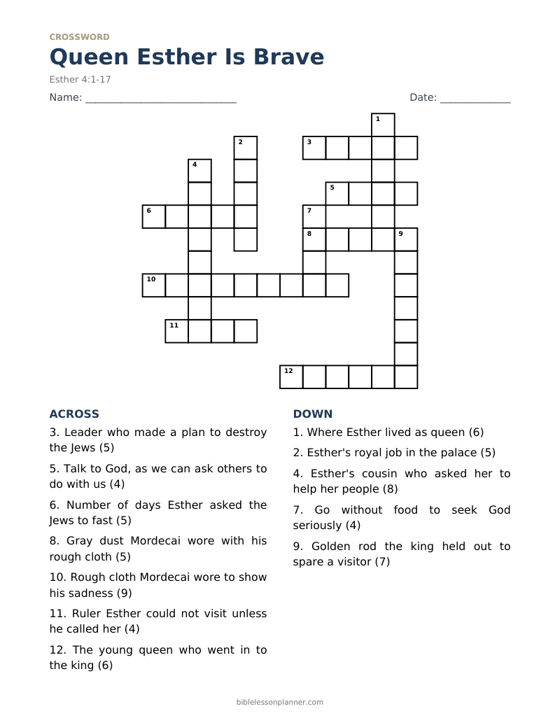 Queen Esther Is Brave Bible crossword puzzle to print, with across and down clues