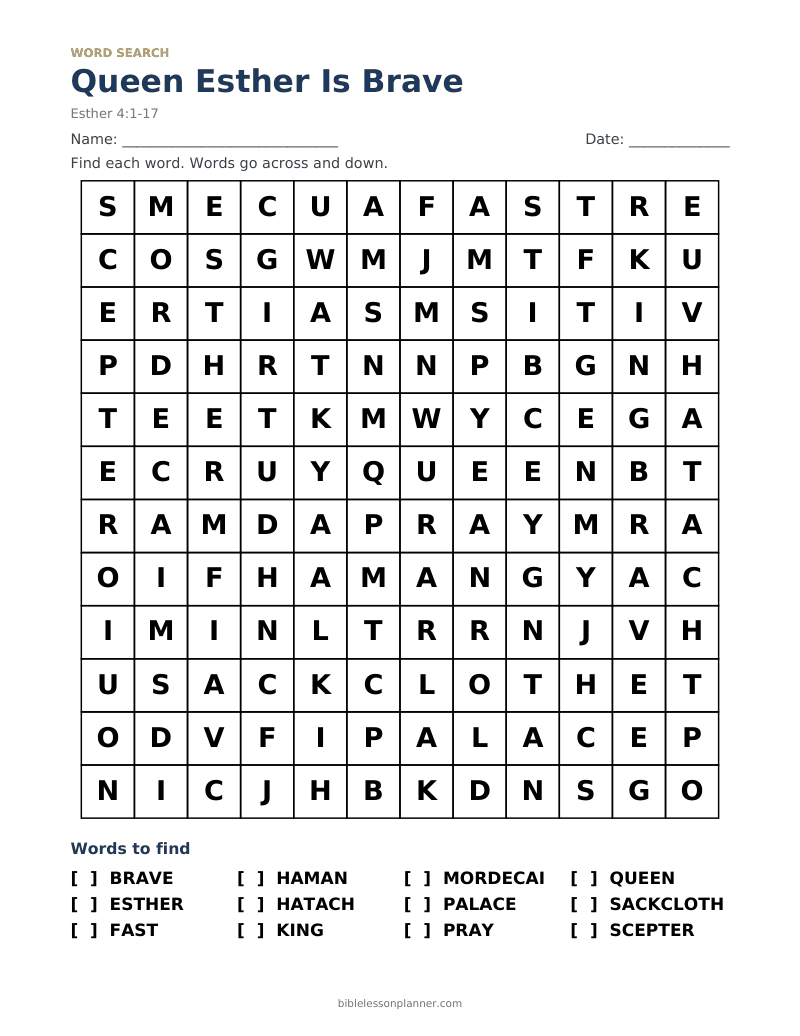 Queen Esther Is Brave Bible word search to print, with words like BRAVE, ESTHER, FAST and more