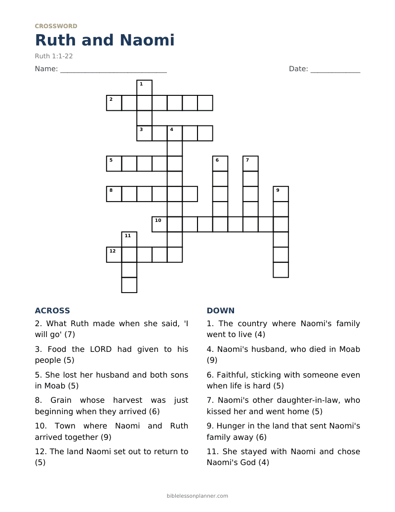 Ruth and Naomi Bible crossword puzzle to print, with across and down clues