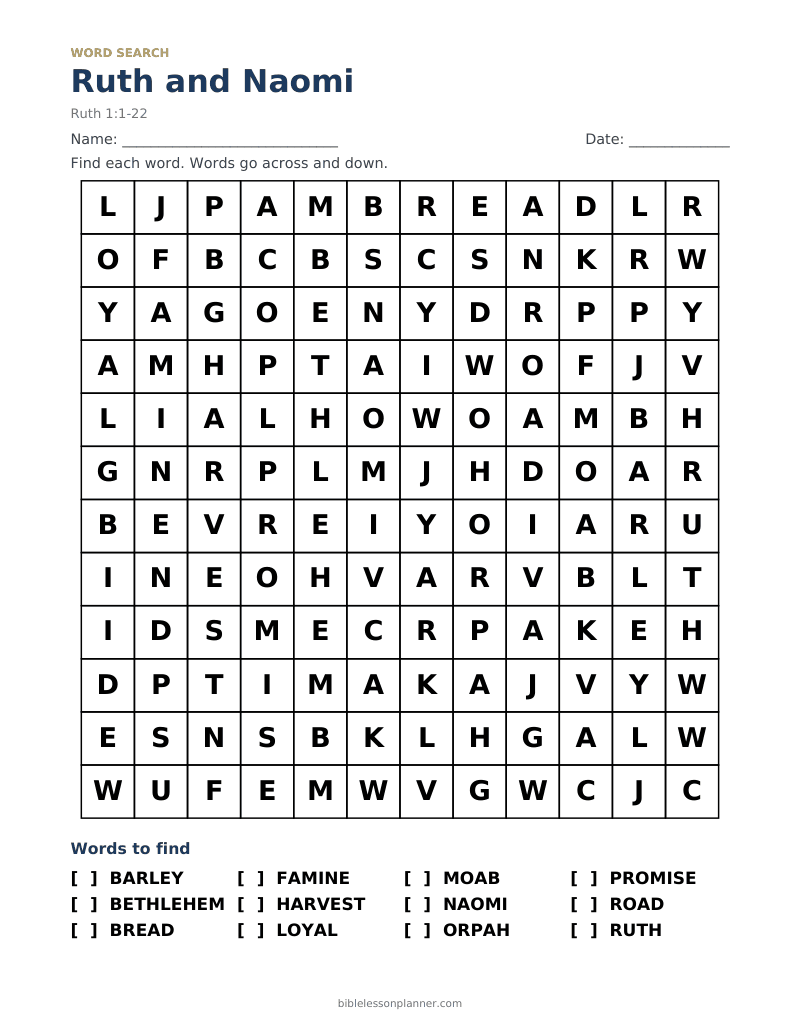 Ruth and Naomi Bible word search to print, with words like BARLEY, BETHLEHEM, BREAD and more