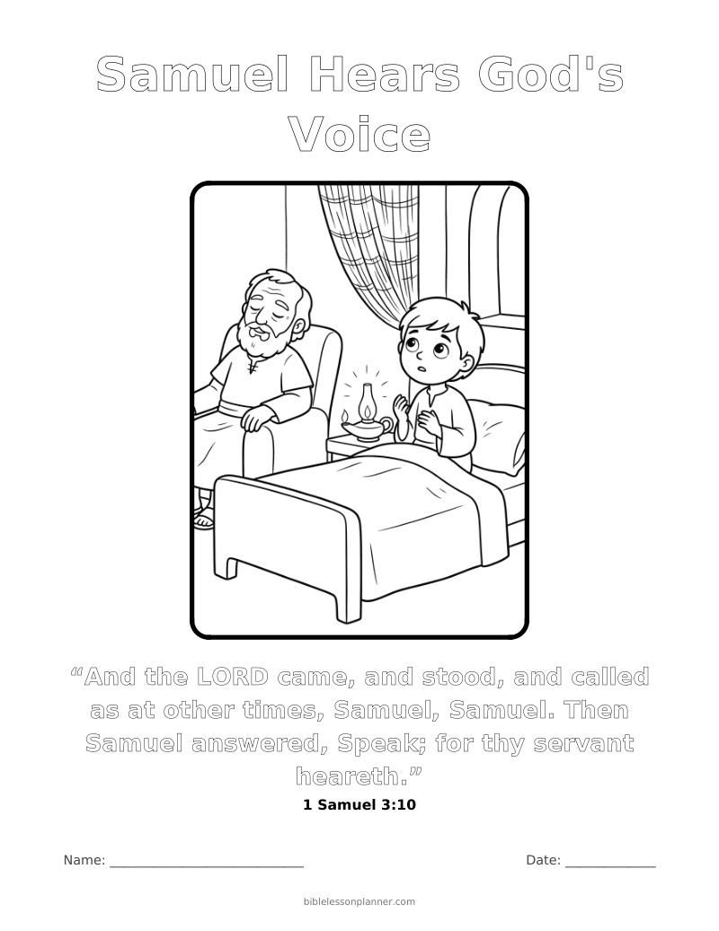 Samuel Hears God's Voice coloring page to print, with the memory verse 1 Samuel 3:10