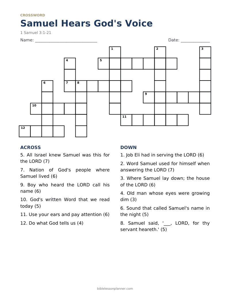Samuel Hears God's Voice Bible crossword puzzle to print, with across and down clues