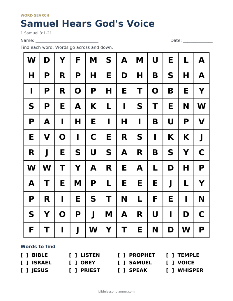 Samuel Hears God's Voice Bible word search to print, with words like BIBLE, ISRAEL, JESUS and more