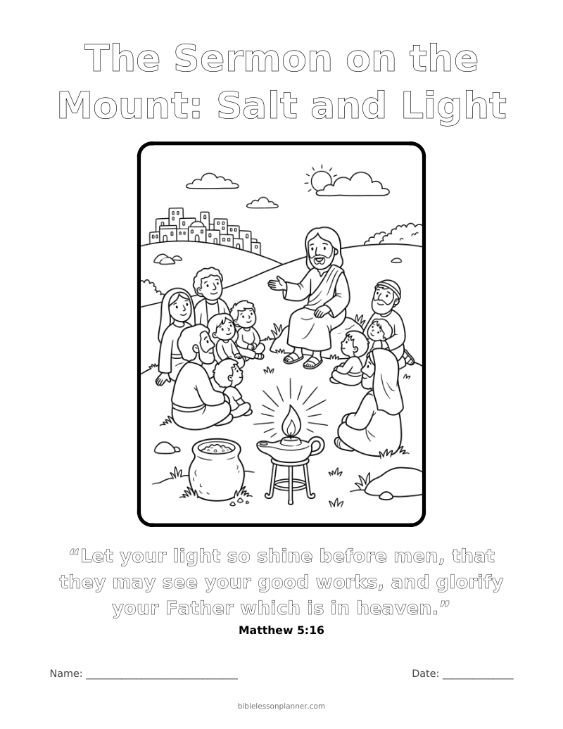 The Sermon on the Mount: Salt and Light coloring page to print, with the memory verse Matthew 5:16