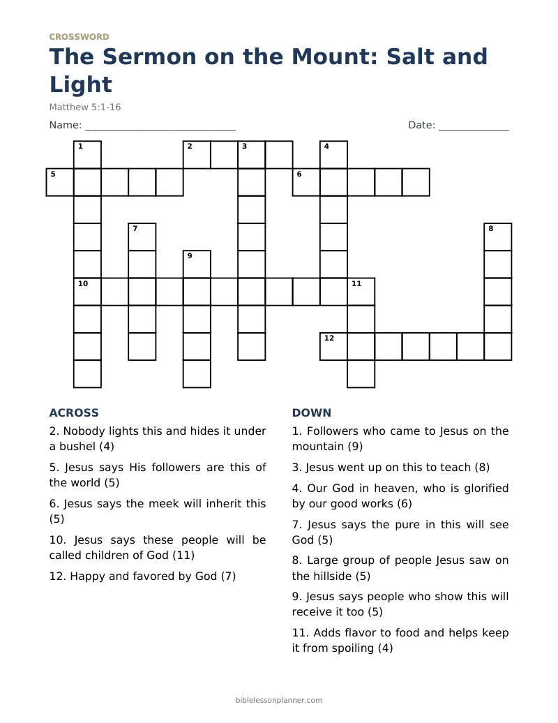 The Sermon on the Mount: Salt and Light Bible crossword puzzle to print, with across and down clues