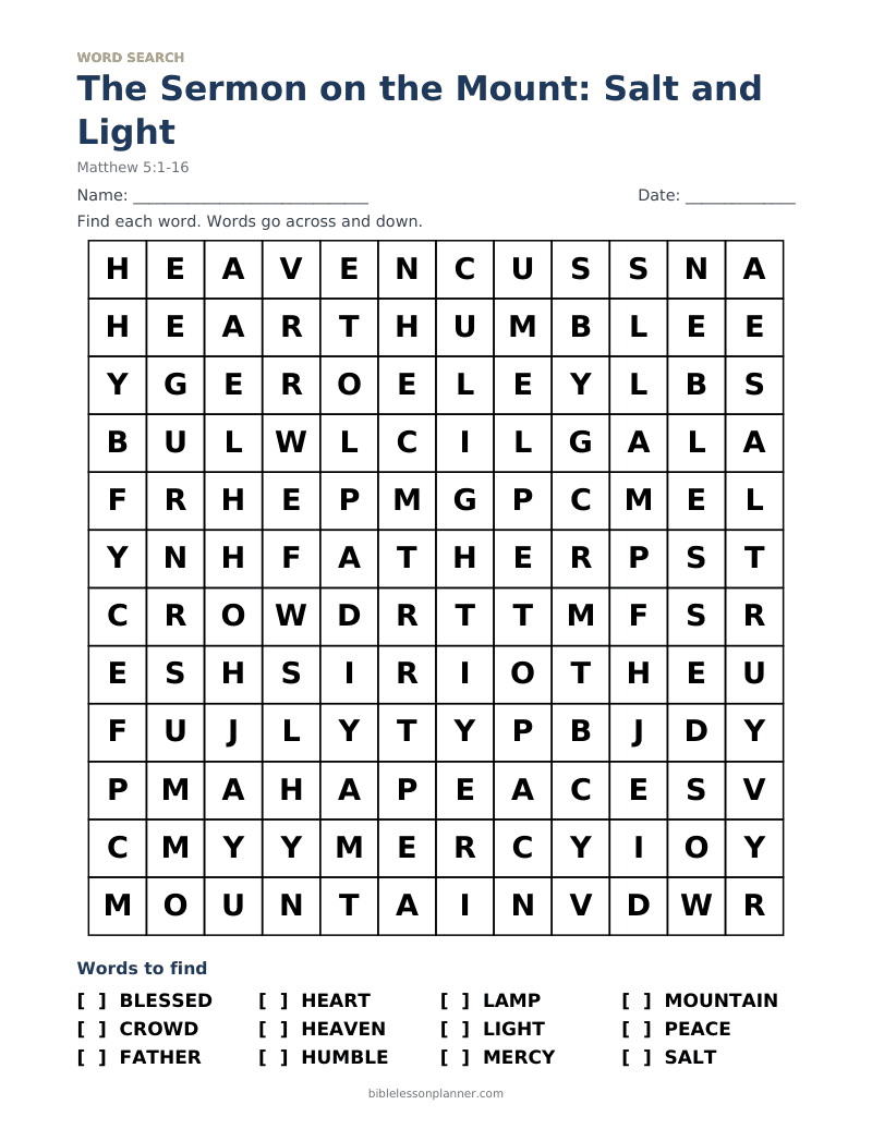 The Sermon on the Mount: Salt and Light Bible word search to print, with words like BLESSED, CROWD, FATHER and more