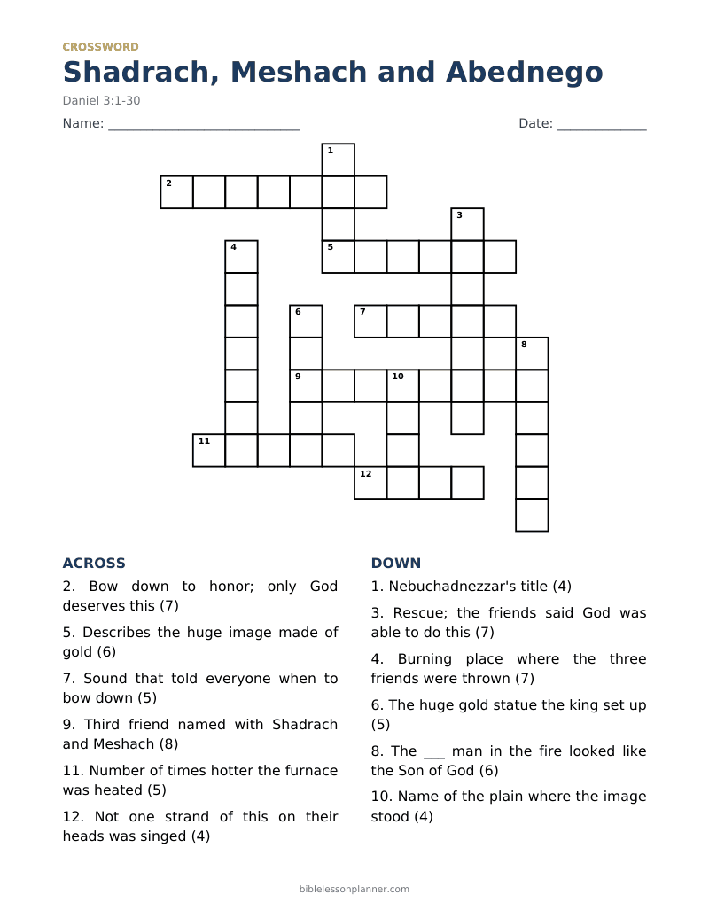 Shadrach, Meshach and Abednego Bible crossword puzzle to print, with across and down clues