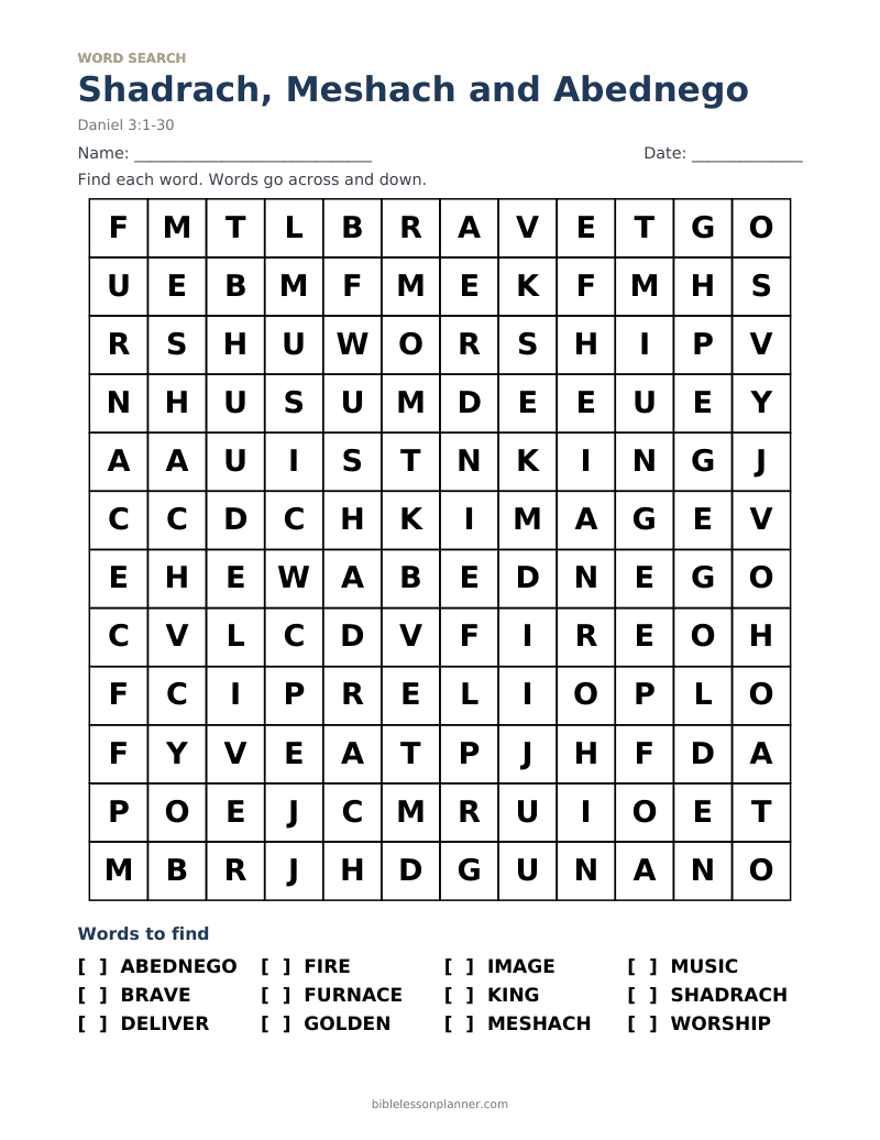 Shadrach, Meshach and Abednego Bible word search to print, with words like ABEDNEGO, BRAVE, DELIVER and more