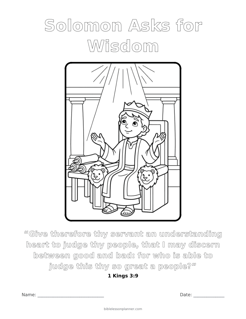 Solomon Asks for Wisdom coloring page to print, with the memory verse 1 Kings 3:9