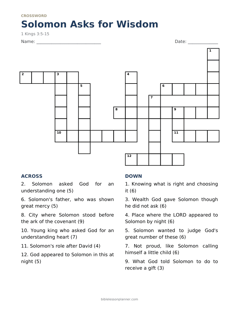 Solomon Asks for Wisdom Bible crossword puzzle to print, with across and down clues